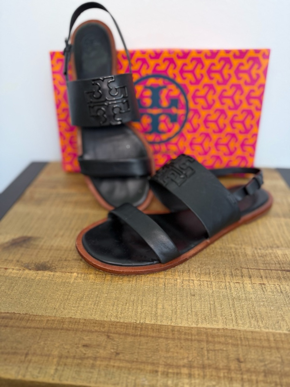 Tory Burch Black Leather Logo Slingback Sandals